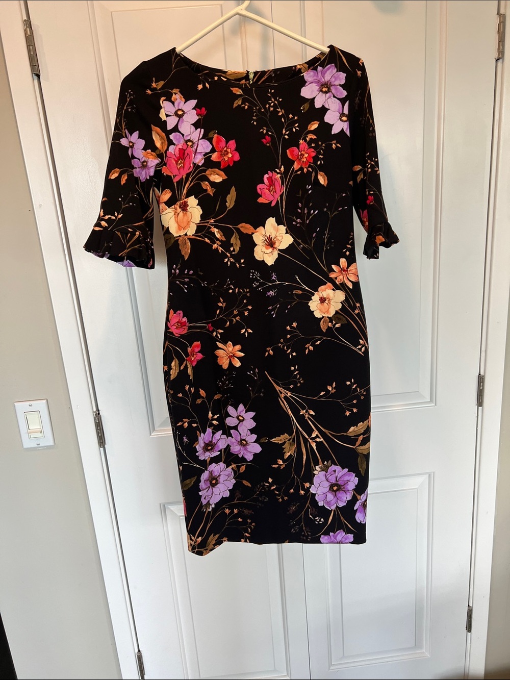 Calvin Klein Black Midi Dress with Purple, Pink & Cream Floral Print sz 8